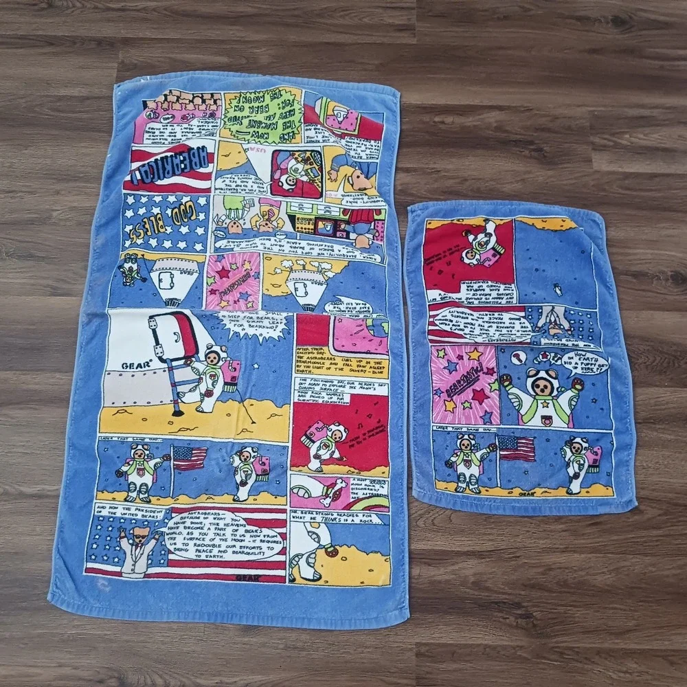 Vintage Springmaid Astrobears Comic Strip Towel Set Blue Space Bears Cotton